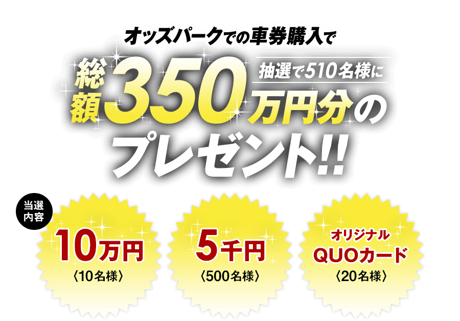 オッズパークでの車券購入で抽選で510名様に総額350万円分のプレゼント!当選内容10万円(10名様)・5千円(500名様)・オリジナルQUOカード(20名様)