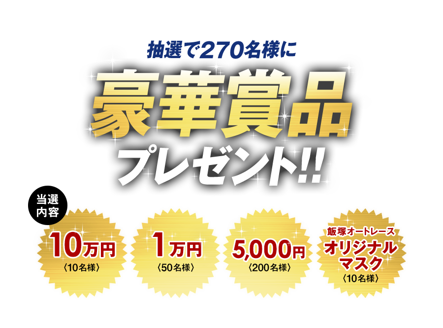 抽選で270名様に豪華賞品プレゼント!!当選内容10万円(10名様)・1万円(50名様)・5,000円(200名様)・飯塚オートレースオリジナルマスク(10名様)